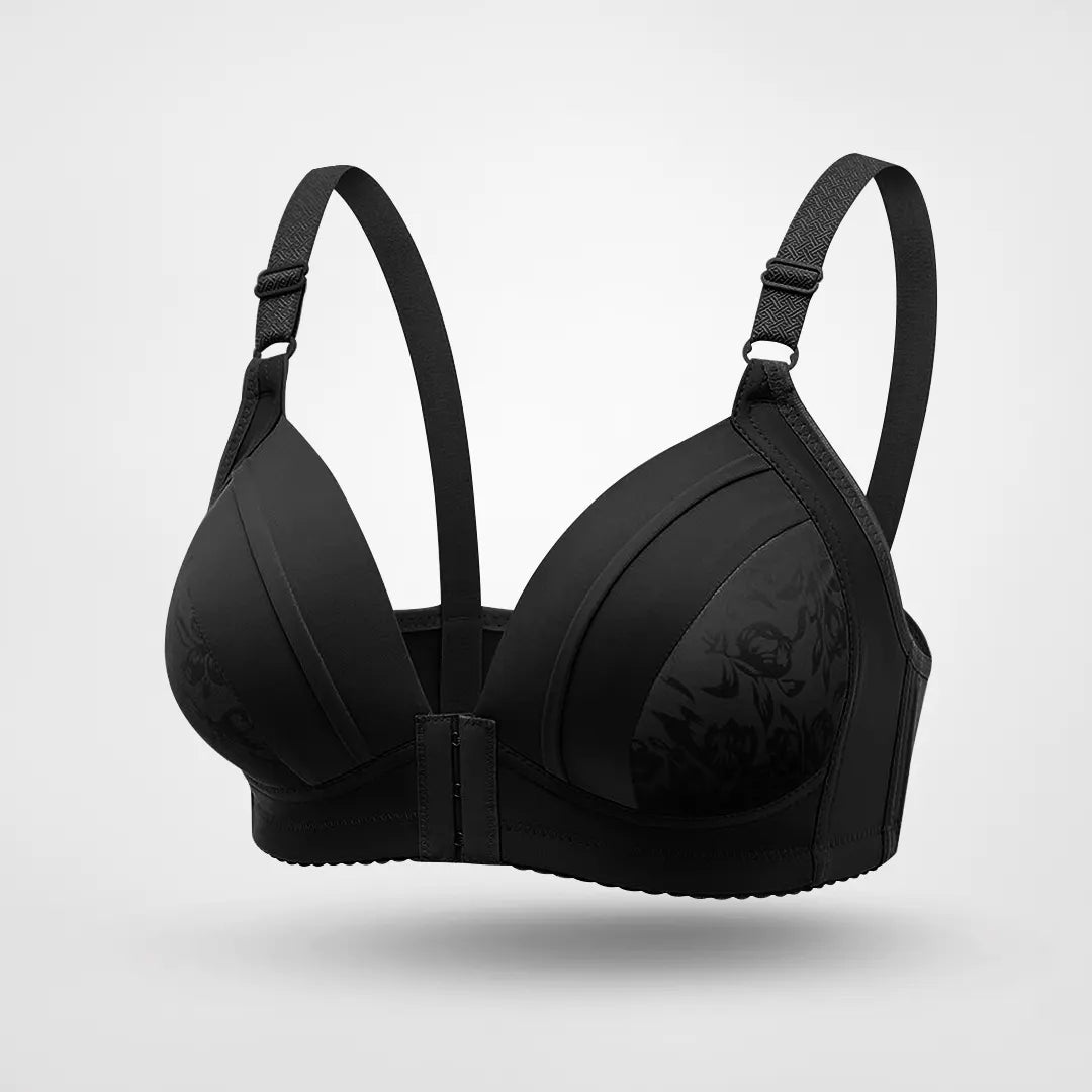 Edestä kiinnitettävät kaarituettomat push up rintaliivit.
